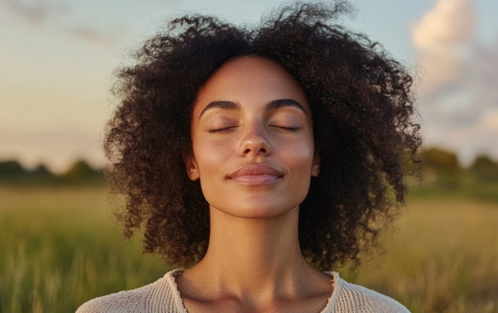A curly-haired woman feeling her best after Hormone Optimization treatment at Haven Permanent Cosmetics Aesthetics in Gig Harbor, WA